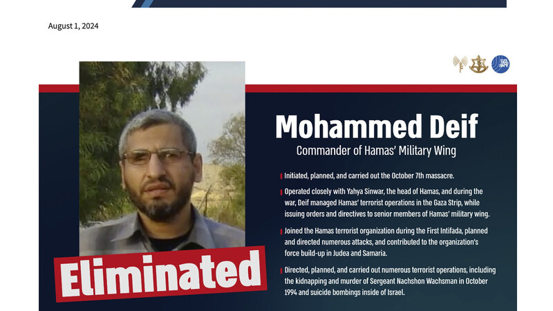 Diese am 1. August 2024 vom israelischen Militär veröffentlichte Grafik bestätigt den Tod des Hamas-Militärchefs Mohammed Deif. Deif sei Mitte Juli bei einem massiven Luftangriff im Gazastreifen getötet worden, teilte die israelische Armee mit.