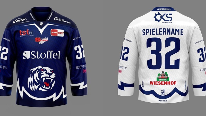 Die Grundfarben sind die gleichen, die Details neu: das Heimtrikot (l., Vorderseite) und das Auswärtstrikot (Rückseite) der Straubing Tigers für die Saison 2024/25.