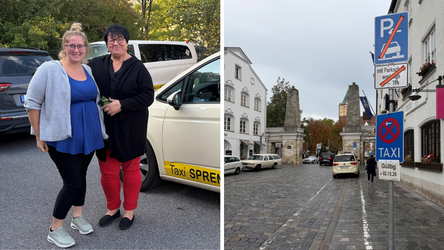 Gute Miene zum bösen Spiel: Kerstin Sprenger (links) und Silvia Daschner hoffen, dass sich die Wogen zwischen Taxi- und Autofahrern endlich glätten. - Diese Zone wurde vorübergehend als Taxistand ausgewiesen. Trotzdem gebe es immer wieder Falschparker - die die Fahrer teilweise rüde beleidigen. Gute Miene zum bösen Spiel: Kerstin Sprenger (links) und Silvia Daschner hoffen, dass sich die Wogen zwischen Taxi- und Autofahrern endlich glätten. - Diese Zone wurde vorübergehend als Taxistand ausgewiesen. Trotzdem gebe es immer wieder Falschparker - die die Fahrer teilweise rüde beleidigen.