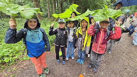 Kreativer Regenschutz: Die Drittklässler genießen trotz Regenwetter den Tag im Wald fernab ihres Klassenzimmers in der Grundschule St. Wolfgang. Kreativer Regenschutz: Die Drittklässler genießen trotz Regenwetter den Tag im Wald fernab ihres Klassenzimmers in der Grundschule St. Wolfgang.