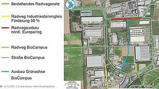 Im Hafen Straubing-Sand ist ein Radwege-Ausbau sowie eine neue Grünachse am Bio-Campus geplant. Im Hafen Straubing-Sand ist ein Radwege-Ausbau sowie eine neue Grünachse am Bio-Campus geplant.