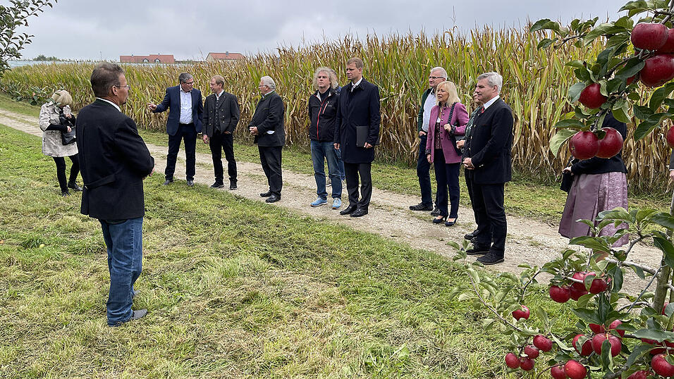 Betriebsleiter Hans Göding (li.) führte die Ehrengäste durch die Deutenkofener Obstanlagen; Im Bild u. a.: Landrat Peter Dreier (re.), Bürgermeisterin Rosa-Maria Maurer, Bezirkstagspräsident Dr. Olaf Heinrich (Mitte), daneben Bezirksrat Markus Scheuermann. Betriebsleiter Hans Göding (li.) führte die Ehrengäste durch die Deutenkofener Obstanlagen; Im Bild u. a.: Landrat Peter Dreier (re.), Bürgermeisterin Rosa-Maria Maurer, Bezirkstagspräsident Dr. Olaf Heinrich (Mitte), daneben Bezirksrat Markus Scheuermann.