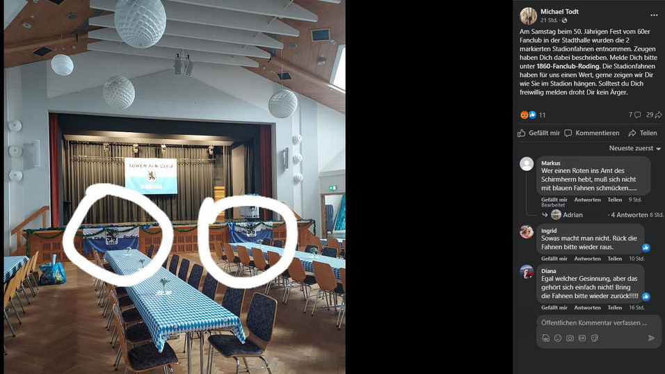 In einem Aufruf via Facebook sucht der TSV-Fanclub nach den entwendeten Stadionfahnen. In einem Aufruf via Facebook sucht der TSV-Fanclub nach den entwendeten Stadionfahnen.