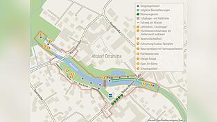 Das Konzept für das grüne Ortszentrum in Altdorf sieht mehr Aufenthaltsqualität, Verkehrsberuhigung und einen besseren Zugang zur Pfettrach vor. In der Karte sind einige der vorgeschlagenen Maßnahmen ersichtlich. Das Konzept für das grüne Ortszentrum in Altdorf sieht mehr Aufenthaltsqualität, Verkehrsberuhigung und einen besseren Zugang zur Pfettrach vor. In der Karte sind einige der vorgeschlagenen Maßnahmen ersichtlich.