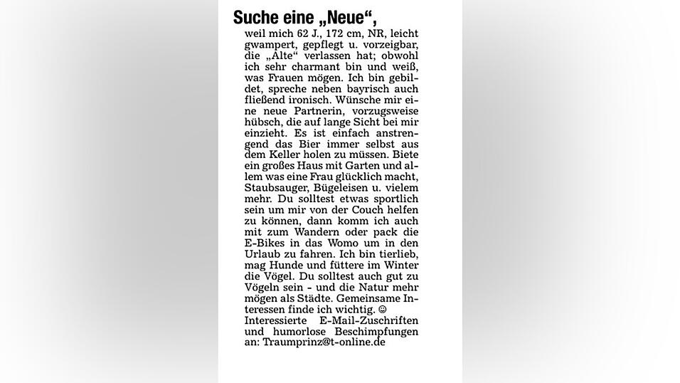 Diese Kontaktanzeige in unserer Tageszeitung stieß auf überwältigende Resonanz. Diese Kontaktanzeige in unserer Tageszeitung stieß auf überwältigende Resonanz.