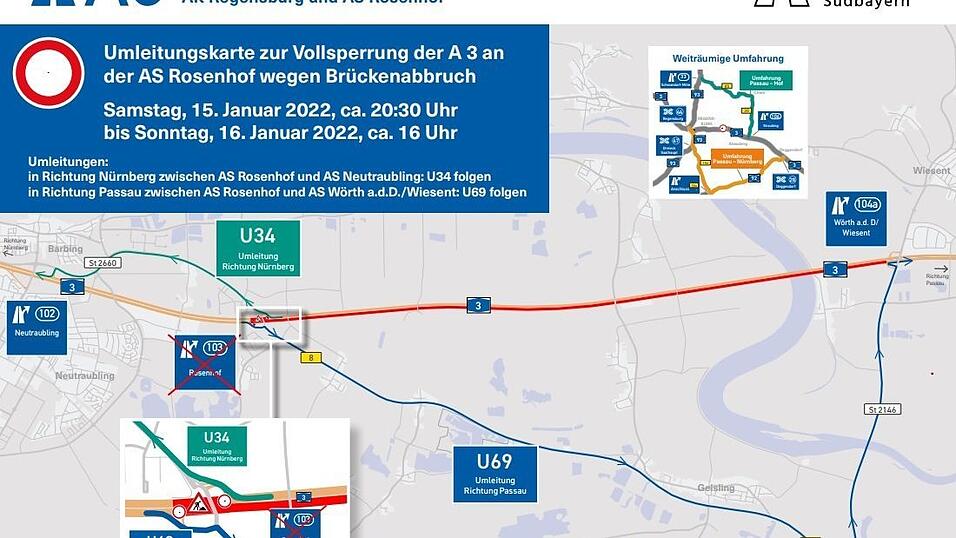 Das ist die Umleitungskarte zur Vollsperrung der A3 an der Ausfahrt Rosenhof wegen Brückenabbruch. Das ist die Umleitungskarte zur Vollsperrung der A3 an der Ausfahrt Rosenhof wegen Brückenabbruch.