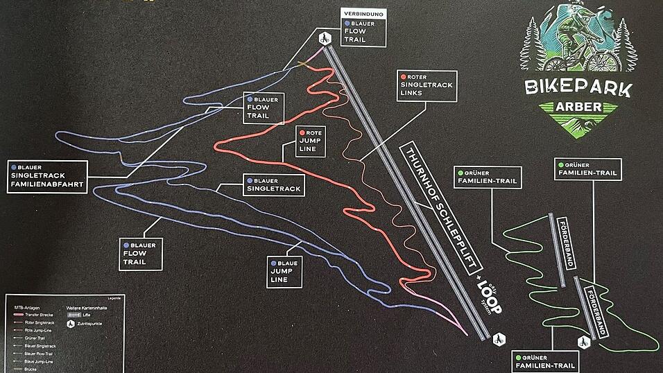 Das Mountainbike-Paradies am großen Arber konzentriert sich auf den Thurnhof-Bereich. Die Karte zeigt die geplanten Bike-Trails. Das Mountainbike-Paradies am großen Arber konzentriert sich auf den Thurnhof-Bereich. Die Karte zeigt die geplanten Bike-Trails.