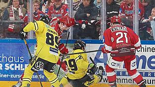 Mit Körpereinsatz: Der Landshuter Verteidiger Martin Has bewies gegen die „Pinguine“ Mark Zengerle (Nummer 89) und David Cerny (29) reichlich Stehvermögen. Derweilen hielt sein Teamkollege David Stieler (re.) mit seiner „Bude“ zum 4:3 (36.) die Hoffnung auf ein fünftes Match am Leben - jedenfalls vorübergehend. Mit Körpereinsatz: Der Landshuter Verteidiger Martin Has bewies gegen die „Pinguine“ Mark Zengerle (Nummer 89) und David Cerny (29) reichlich Stehvermögen. Derweilen hielt sein Teamkollege David Stieler (re.) mit seiner „Bude“ zum 4:3 (36.) die Hoffnung auf ein fünftes Match am Leben - jedenfalls vorübergehend.