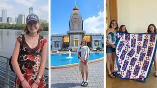 Letzte Momente in den USA: Magdalena beim Ladybird Lake in Austin (links), vor dem Hindu-Tempel ihrer Stadt (Mitte) und mit einem Quilt für Veteranen, den die Schülerin mit Freundinnen im Rotary Club genäht hat. Letzte Momente in den USA: Magdalena beim Ladybird Lake in Austin (links), vor dem Hindu-Tempel ihrer Stadt (Mitte) und mit einem Quilt für Veteranen, den die Schülerin mit Freundinnen im Rotary Club genäht hat.