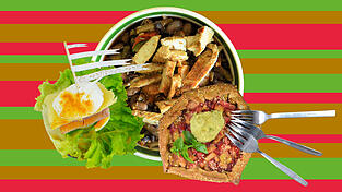 Unser Sommer-Menü besteht aus Eier-Burgern, Paprikagemüse mit Putenbruststreifen und Galettes mit Nice Cream. Unser Sommer-Menü besteht aus Eier-Burgern, Paprikagemüse mit Putenbruststreifen und Galettes mit Nice Cream.